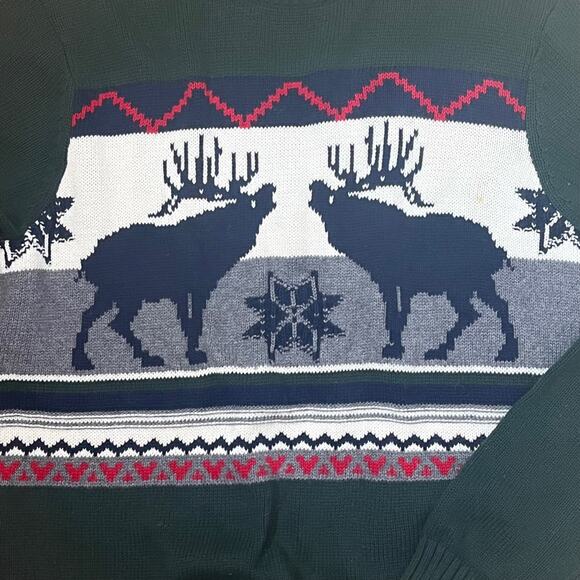 Holiday Dad Sweater Mens Medium Green Cotton Knit Moose Elk Snowflake Gift Idea - Picture 2 of 9